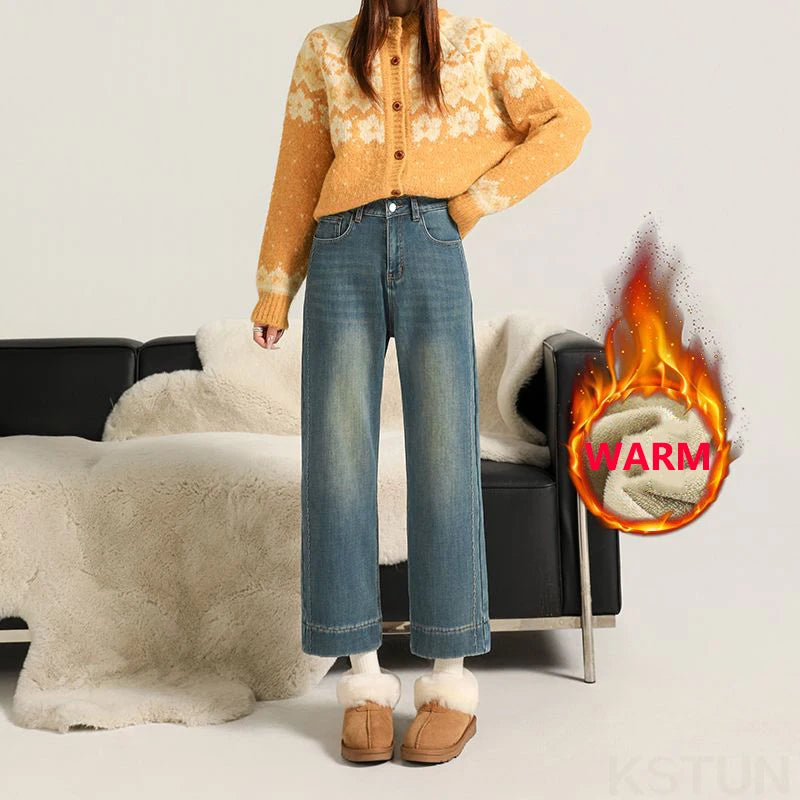 KSTUN Winter Women's Fleece Jeans Embroidered Ankle-length Pants Stretch Straight Cut Thick Trousers Lady Wide Leg Warm Vintage