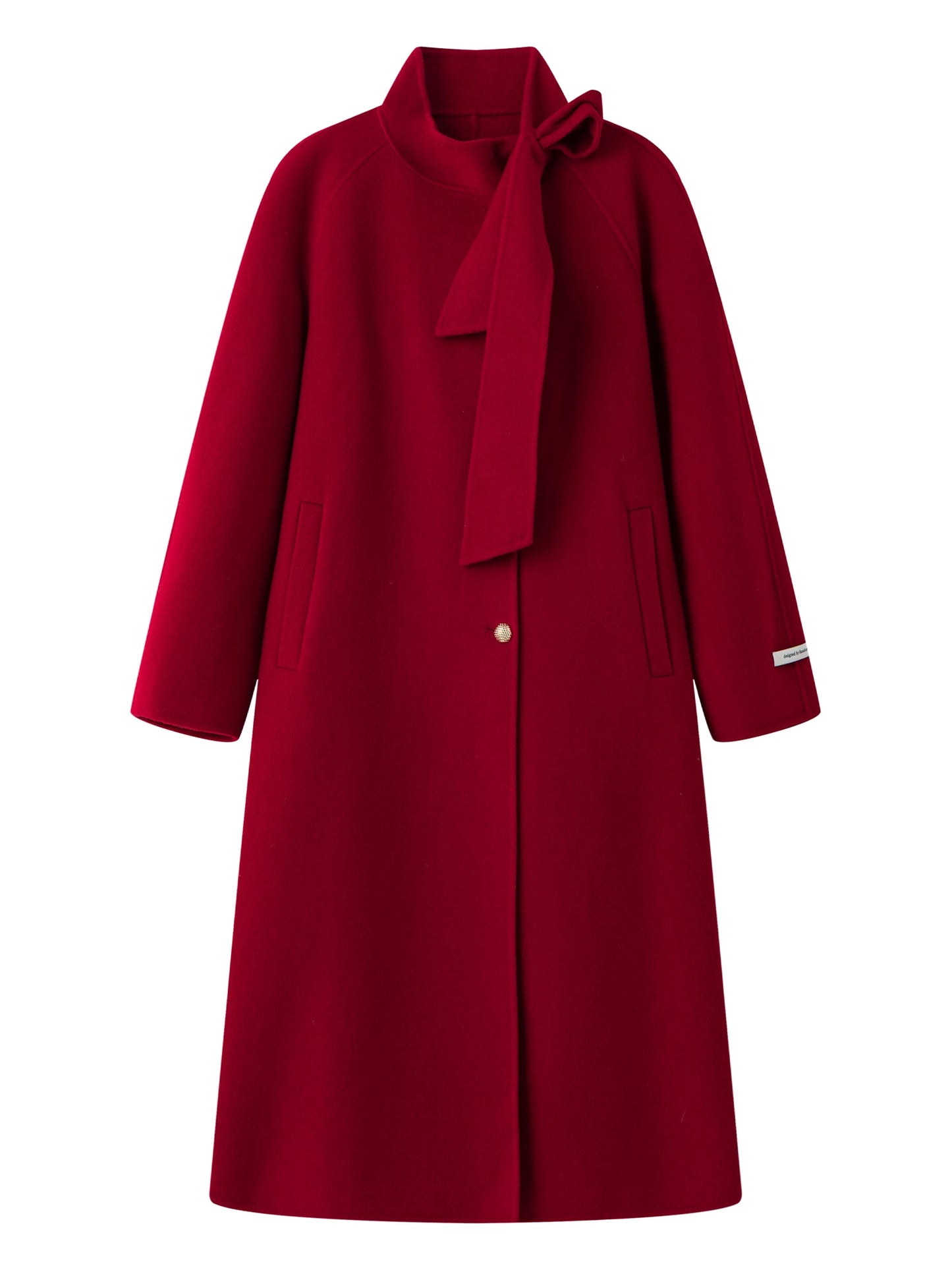 FSLE Winter 2025 Women Stand Collar Tie Detail Double Faced Wool Blend Coat - Long Length Elegant Outerwear for Casual Winter