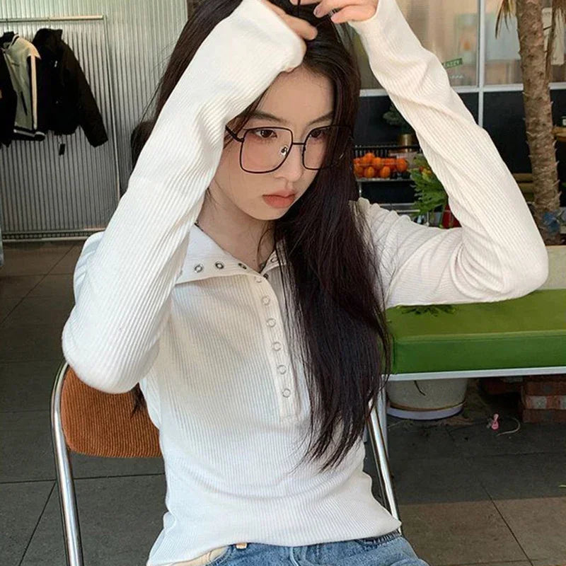 Y2K High Street Women Sweaters 2025 New Gray White Button Up Bottoming Pullover Woman Slim Fit Long Sleeve Knitted T-Shirt