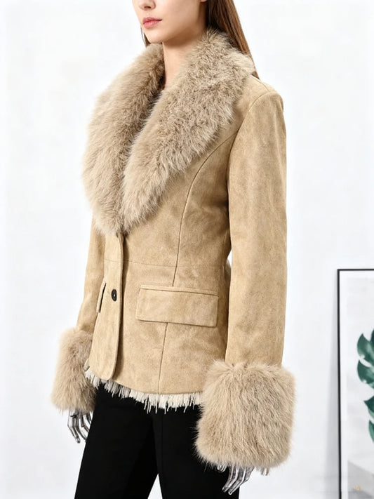 Fashion Faux Fur Suede Patchwork Sleeve Lapel Jacket For Women 2026 Elegant Single Breasted Coat High Street Lady Chic Outerwear