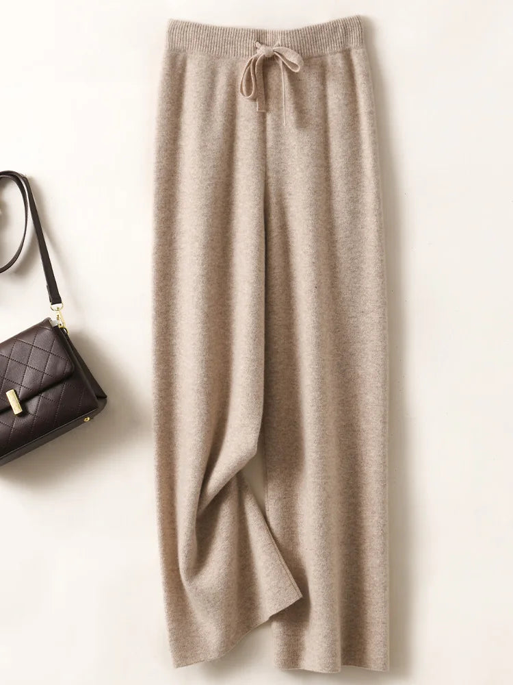 Autumn Winter Women's Pants Basic Soft Casual Sashes Trousers 100% Merino Wool Knitwear Korean Popular Pants