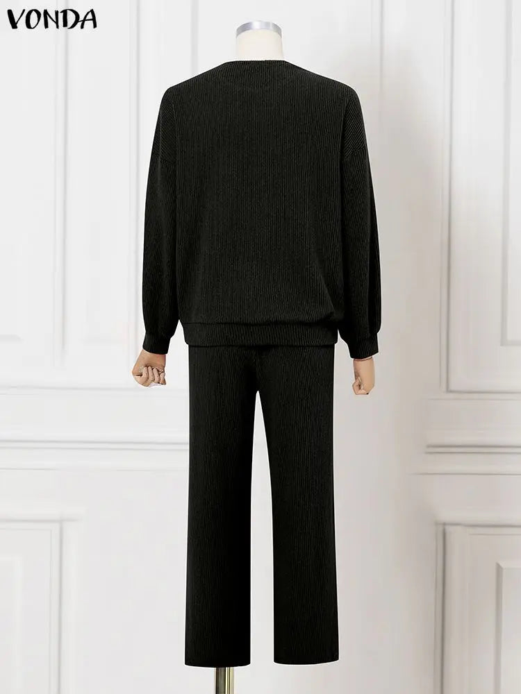 Plus Size 5XL VONDA Women Knitted Pant Sets 2025 Autumn Long Sleeve Sweater and Long Pants Suits Fashion Solid 2 Piece Outfits