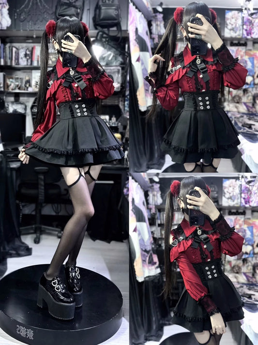 Yami Kawaii Two-Piece Set - Lace Blouse & Mini Skirt Coord, Sexy Gothic Lolita Crop Top with Detachable Sleeves for Petite Girls