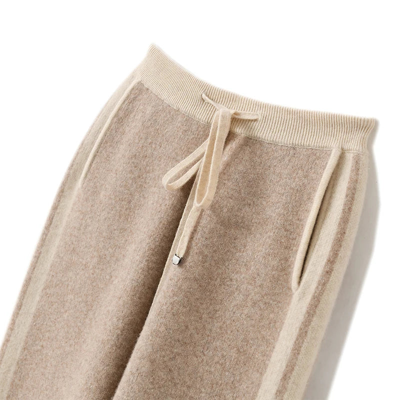 Autumn Winter Woman's Pants Fashion Pencil Pants 100% Merino Wool Knit Long Trouser Elastic Mid-Waist Patchwrok Full Length Pant