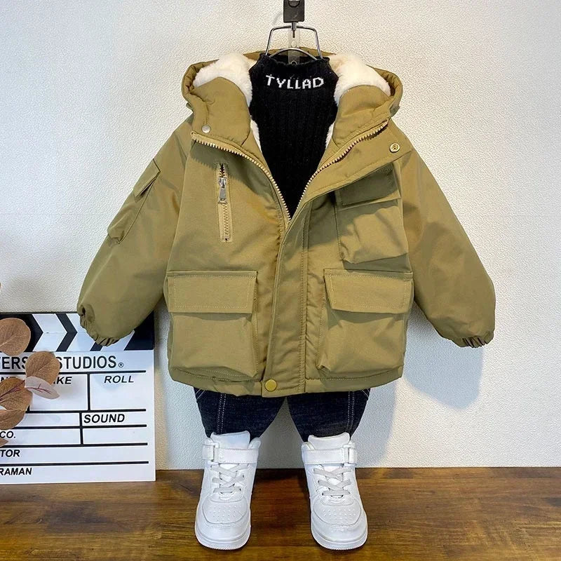 2025 Winter Boys Jacket Children Clothing Keep Warm Cotton Thicken Coats Kids Zipper Hooded Outerwear Plus Velvet Jackets