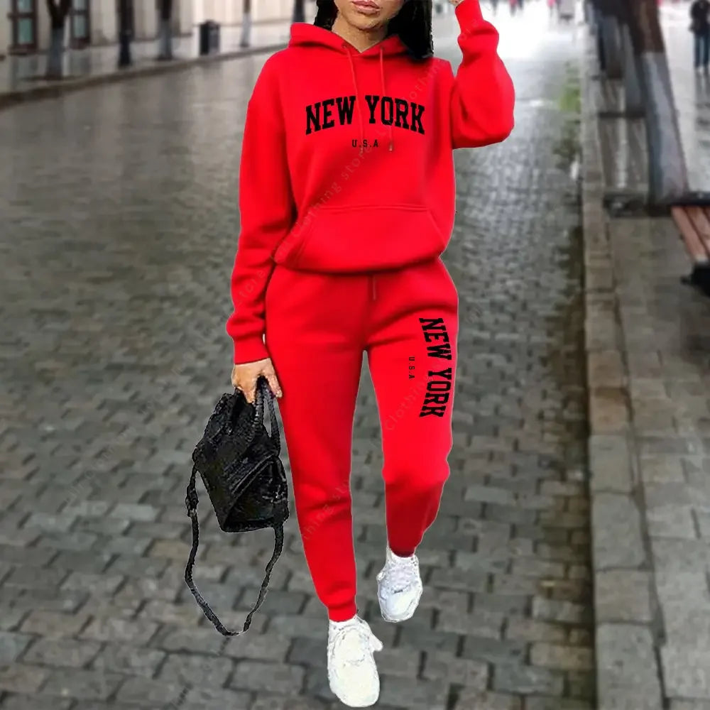 New Women's Hooded Sports Pants 2-Piece Set Winter Spring Style Casual Running Street Wear High Quality Sportswear Tracksuit