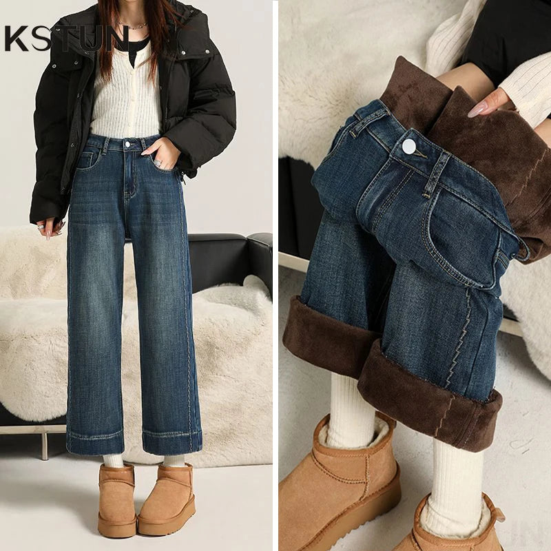 KSTUN Winter Women's Fleece Jeans Embroidered Ankle-length Pants Stretch Straight Cut Thick Trousers Lady Wide Leg Warm Vintage