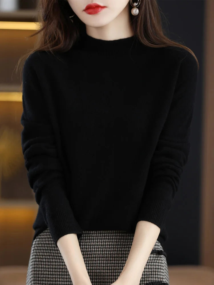 100% merino wool cashmere sweater women's sweater semi-high-necked long-sleeved pullover new warm pullover in autumn and winter.