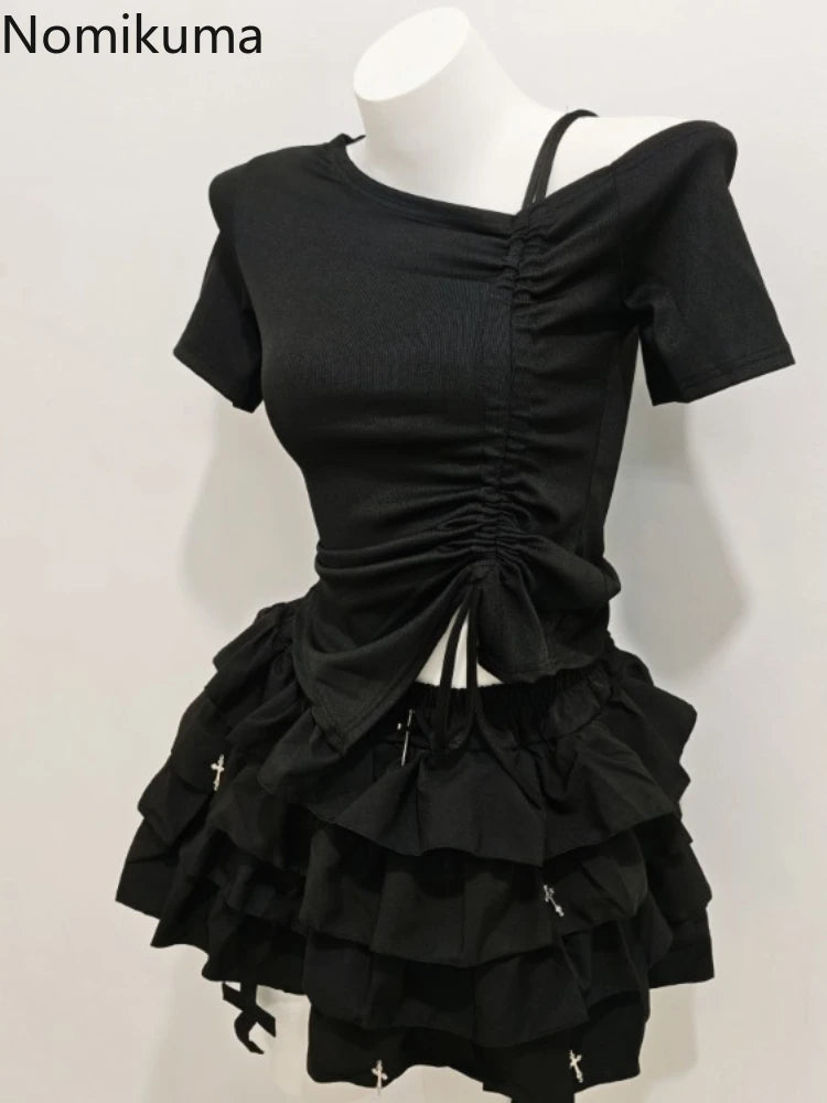 HarajukuTwo Piece Set Women Clothing Drawstring Off Shoulder Tshirts Ruffles Mini Skirt Suit Roupas Femme Goth Summer Outfits