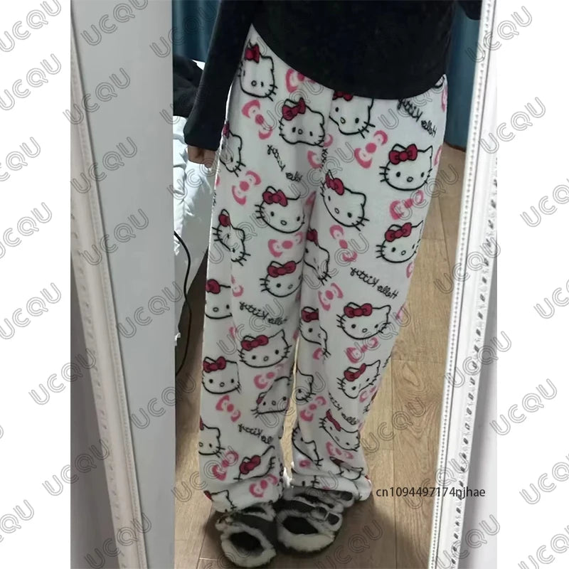 Autumn Winter Cartoon Hello Kitty Pajamas Pants Y2K Anime Women‘s Pajama Pants Couple Sleepwear Trousers Casual Home Clothes