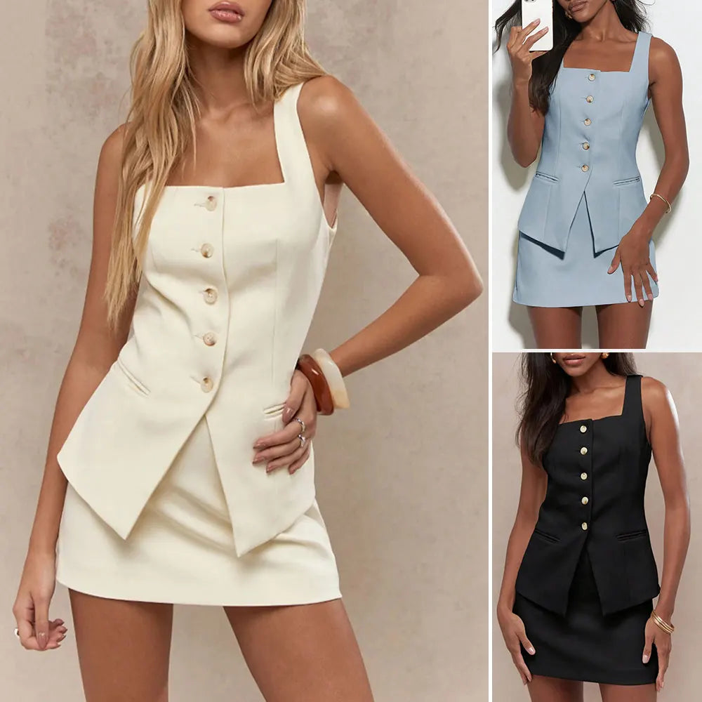 Mia Muse Women Sets Autumn Simple Decent Solid Color Button Front Sleeveless Square Neck Tops High Waist Skirt Office Lady Sets