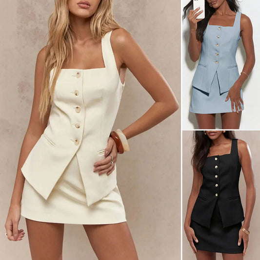 Mia Muse Women Sets Autumn Simple Decent Solid Color Button Front Sleeveless Square Neck Tops High Waist Skirt Office Lady Sets