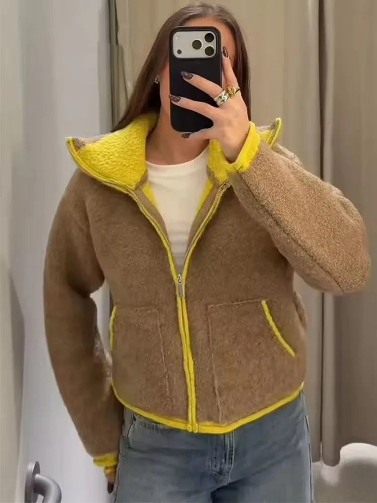 2025 Autumn Casual Jacket Coat Fashion Contrast Color Design Long Sleeve Zipper Jackets For Women Streetwear Casual Outerwear ﻿