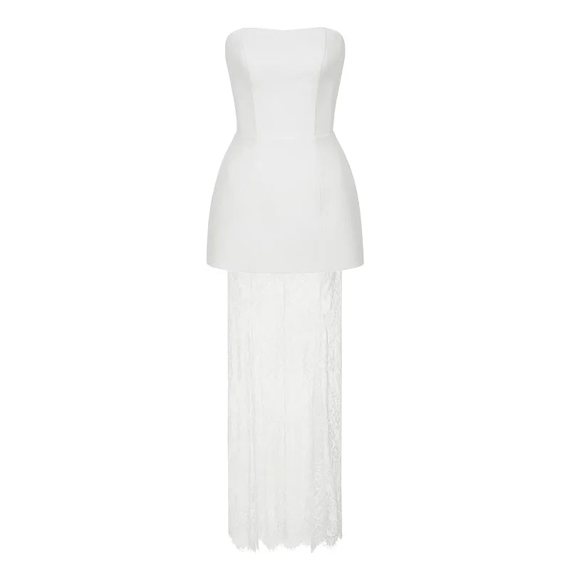 Tornova Strapless Lace Dress Sets Female Elegant Sexy Strap Vest High Waist Splice Long Skirt Ladies Slim Banquet 2 Pieces Set