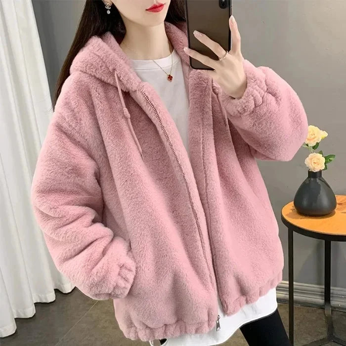 Double-Sided Long Plush Jacket Women's Loose Thickened Warm Coat with Hood V-Neck Chinese Brand Female Outerwear Coat