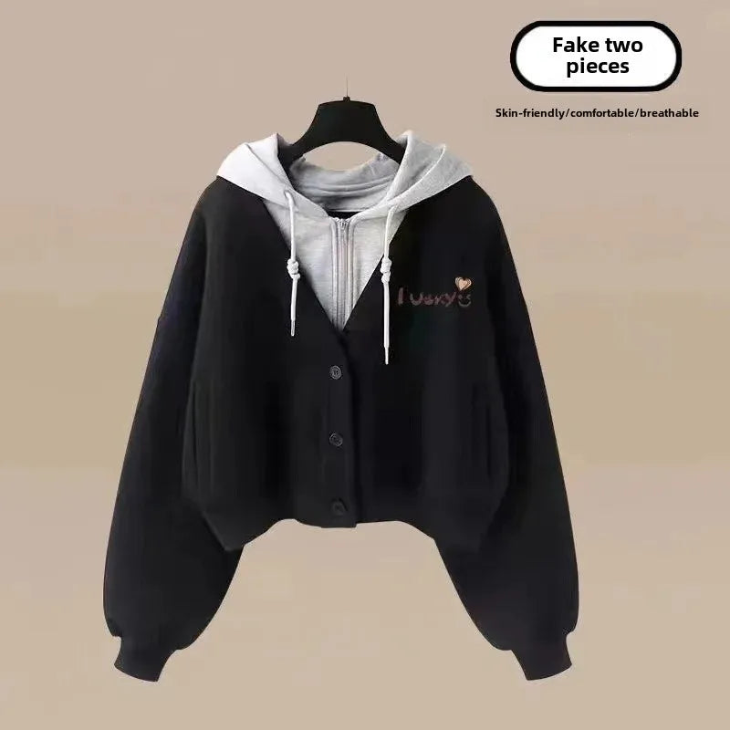 Spring Autumn Loose-Fit Two-Piece Illusion Hooded Sweatshirt Straight-Leg Bell Bottoms Casual Suit Set Chinese Style