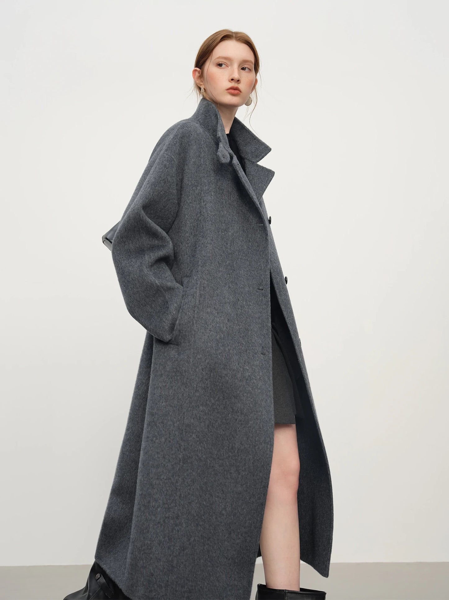 FSLE 2025 New Women's Elegant Stand Collar 100% Wool Double-Faced Long Coat Diamond-Shaped Tailoring Autumn Winter Outerwear