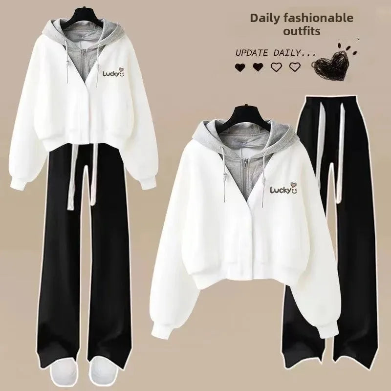 Spring Autumn Loose-Fit Two-Piece Illusion Hooded Sweatshirt Straight-Leg Bell Bottoms Casual Suit Set Chinese Style