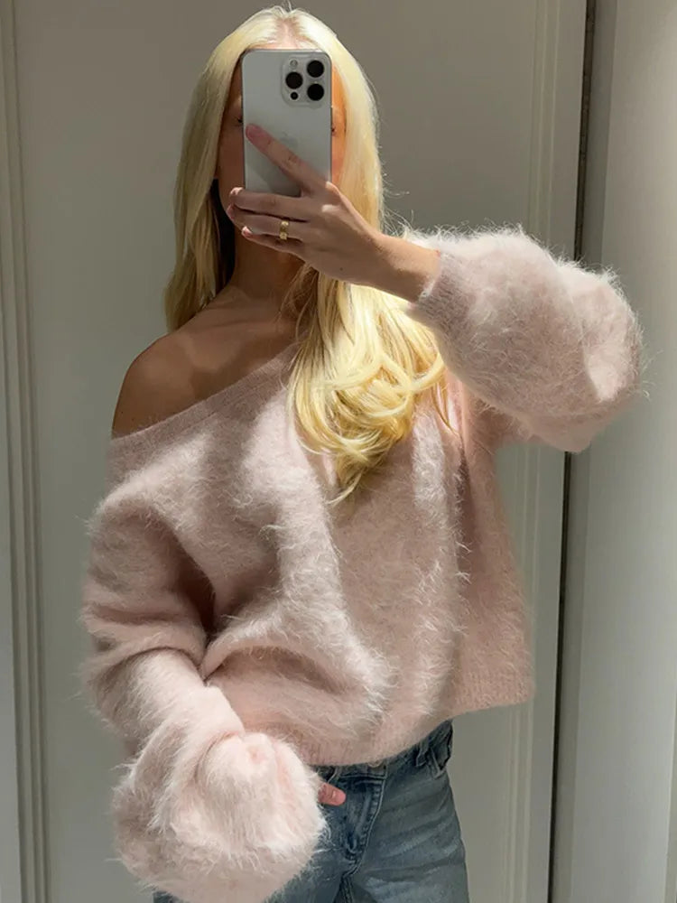 Fashion Women Off Shoulder Faux Wool Knitted Sweater Sexy Classic Full Sleeve Loose Fluffy Short Pullover Lady Daily Street Tops