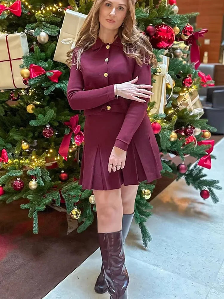 HH Elegant Women Knitted Jacket Skirt Suits 2025 Long Sleeve Pocket Cardigan Coat+Chic Mini Skirts Womens Knittwear Sets