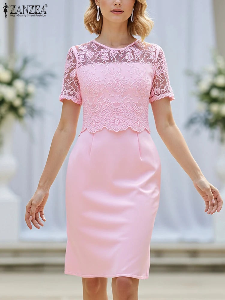 2025 ZANZEA Summer Lace Patchwork Dresses Elegant Stylish Party Dress Women Short Sleeve Slim Fit Sundress Solid Satin Midi Robe