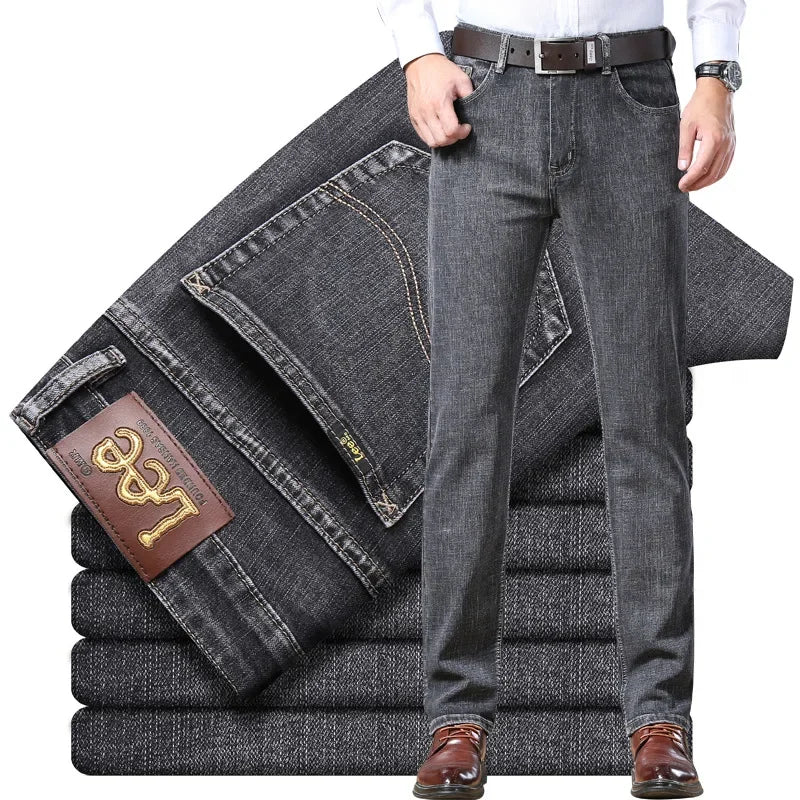 Lee Dex Authentic Jeans Men's Loose Fit Black Straight Leg Pants Casual Business Wear Trousers For Fall/winter Thick Elastic
