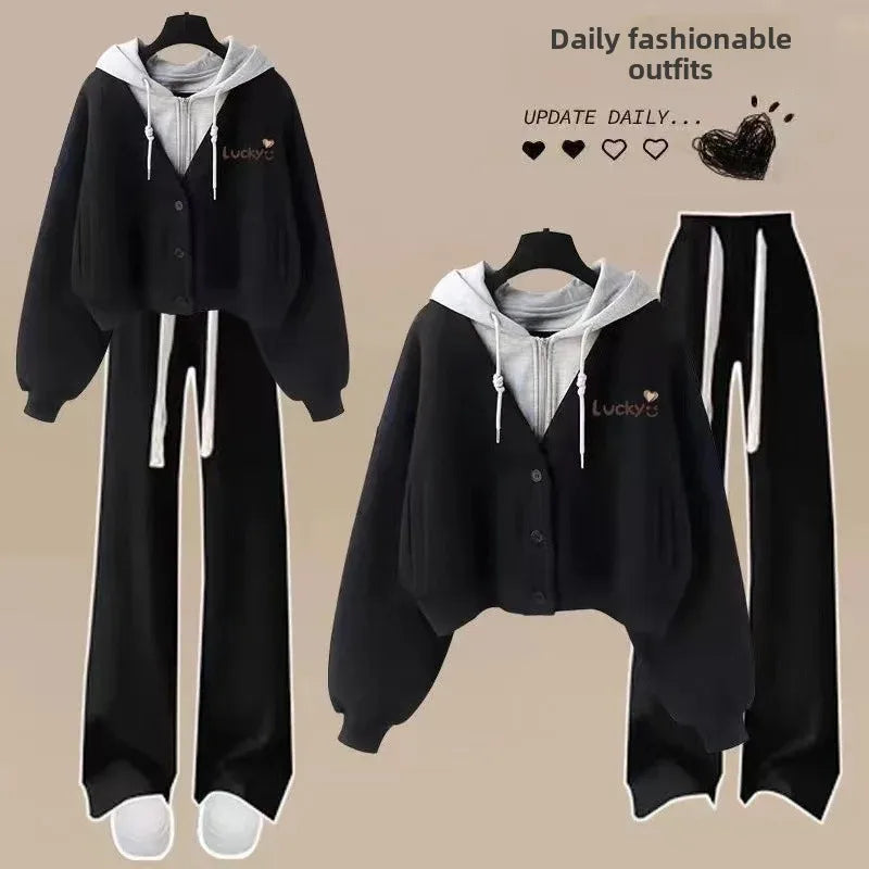 Spring Autumn Loose-Fit Two-Piece Illusion Hooded Sweatshirt Straight-Leg Bell Bottoms Casual Suit Set Chinese Style