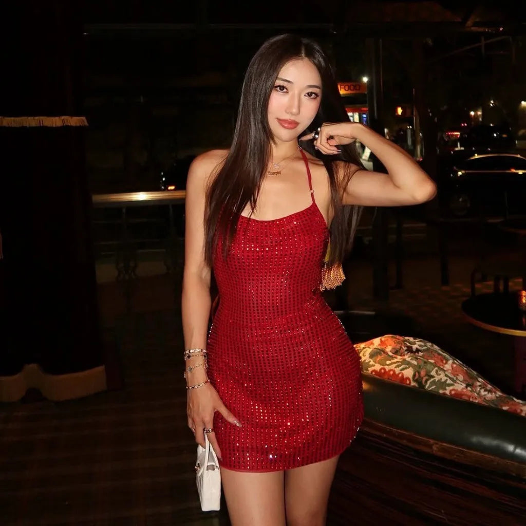 SylCue Shiny Sequins Mini Dresses Woman Halter Low-Neck Off Shoulder Backless Skinny Peach Hip Christmas Party Style Bodycon