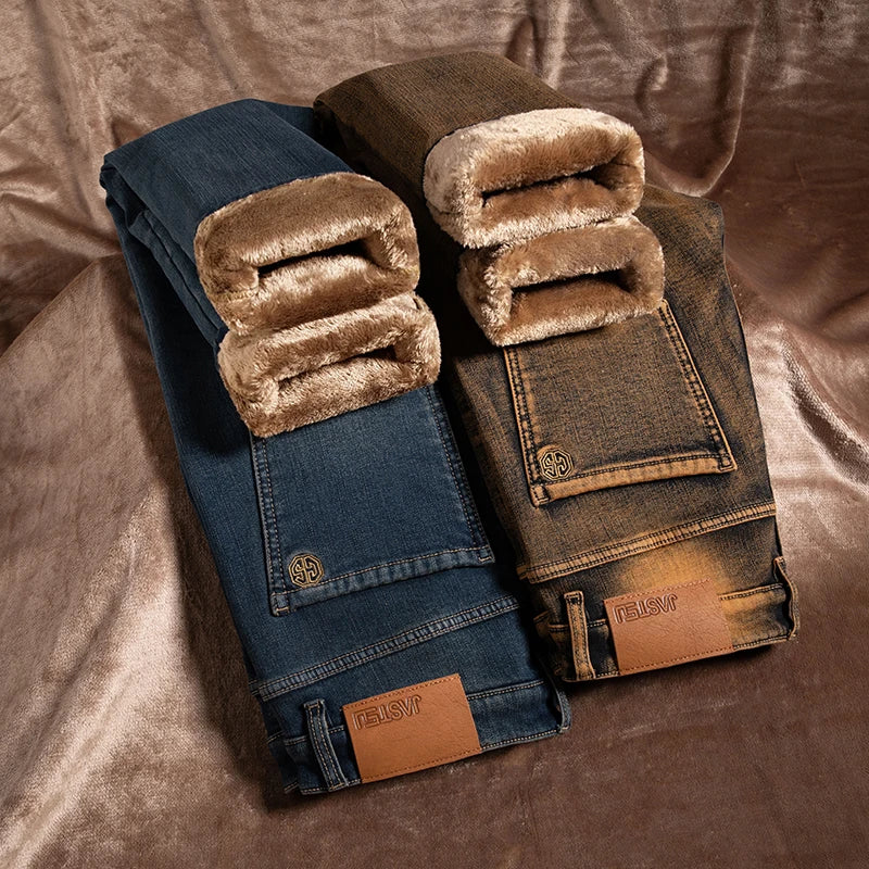 High Quality Brown Winter Jeans Men's Thickened Velvet Warm Elastic Straight Denim Pants Fashion Vintage Korean Plush Trousers