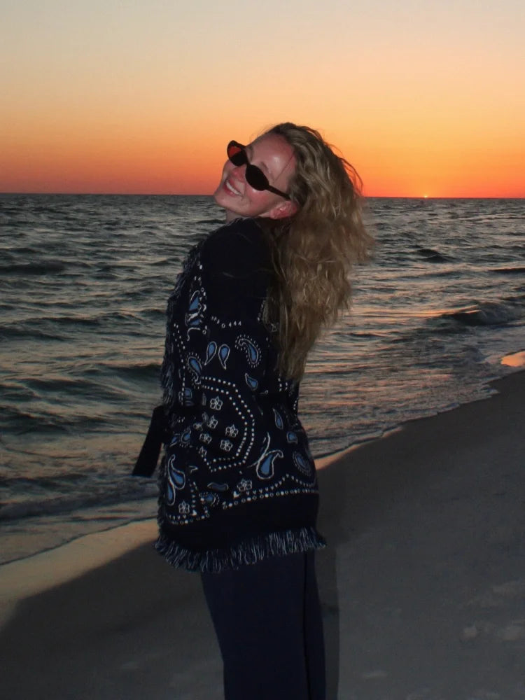 Tassel Patchwork Printed Cardigan Women Fashion V-neck Long Sleeve Loose Outerwears Lady Autumn Daily Commute Street Cardigans