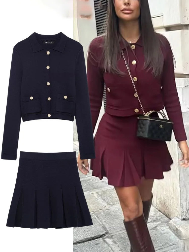 HH Elegant Women Knitted Jacket Skirt Suits 2025 Long Sleeve Pocket Cardigan Coat+Chic Mini Skirts Womens Knittwear Sets