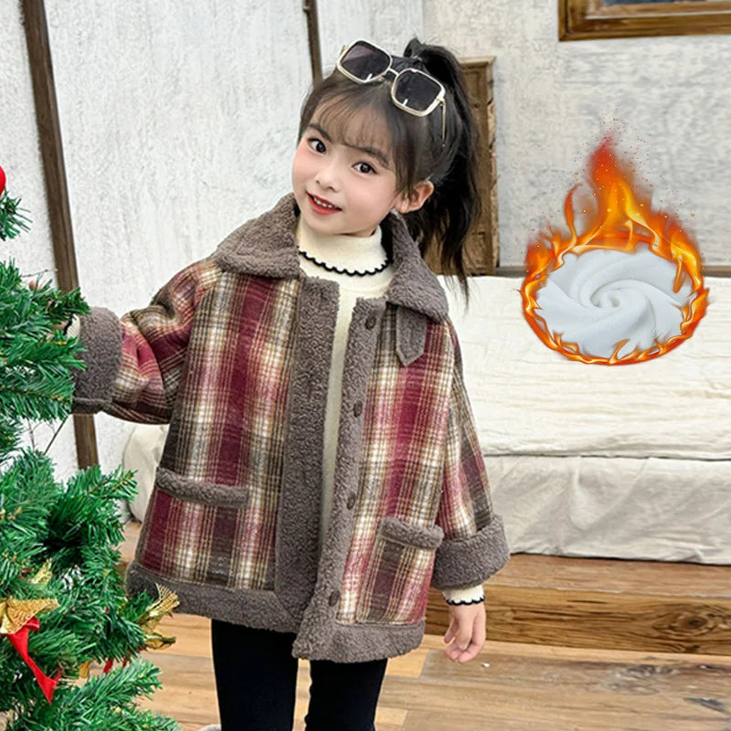 Plush Velvet Girls Jackets Plaid Kids Thickened Winter Coats Lamb Fur Turn-down Collar Outerwear Children Fleece-lined Clothes