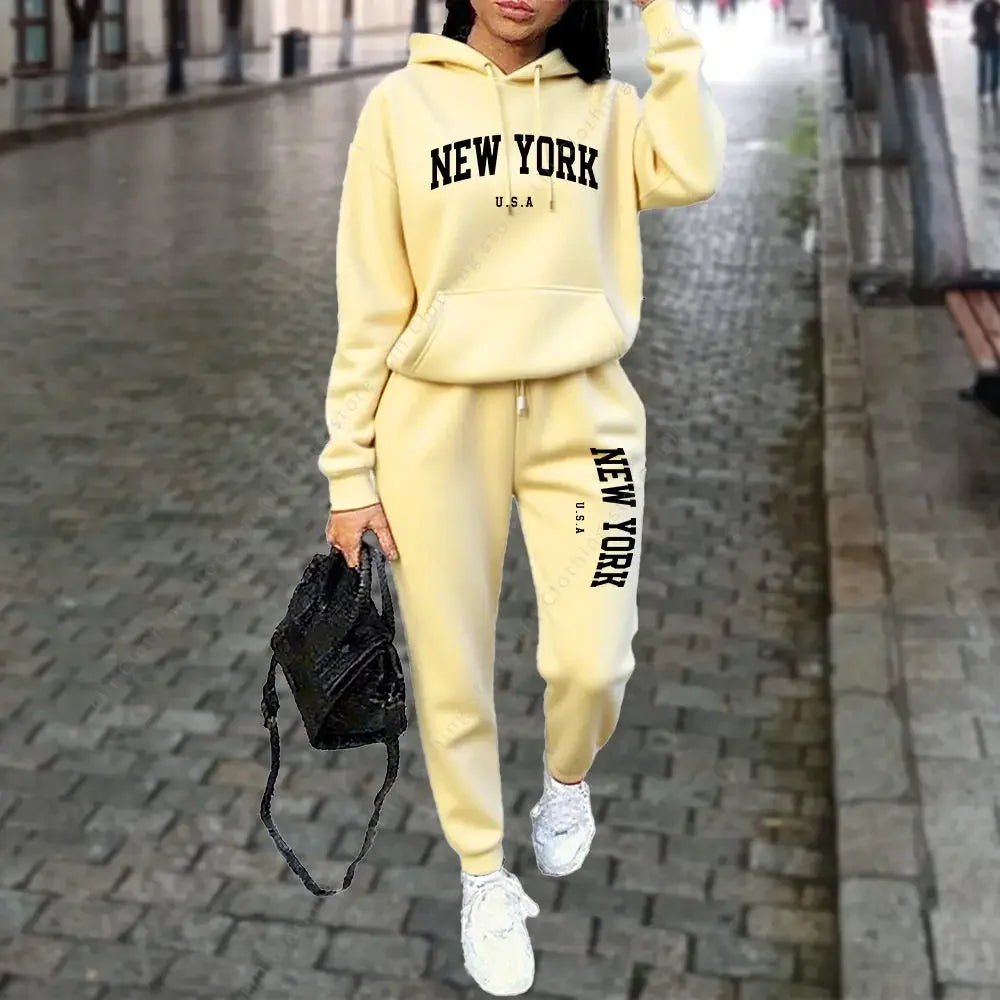 New Women's Hooded Sports Pants 2-Piece Set Winter Spring Style Casual Running Street Wear High Quality Sportswear Tracksuit