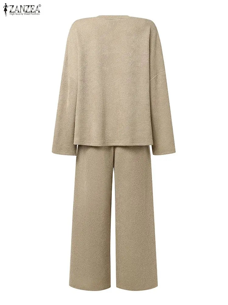 ZANZEA Elegant Pant Sets Women Long Sleeve V-Neck Pullovers Long Pants Knitted 2pcs 2025 Fashion Casual Autumn Streetwear Outfit