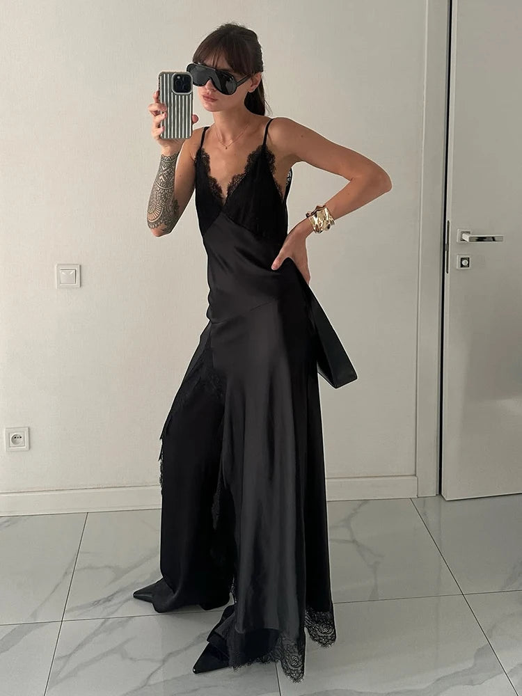 Lace Splice Slit Dress For Women Sleeveless Maxi Spaghetti Strap Sexy Dresses Satin Vacation Party Bodyocn Dress Vestidos