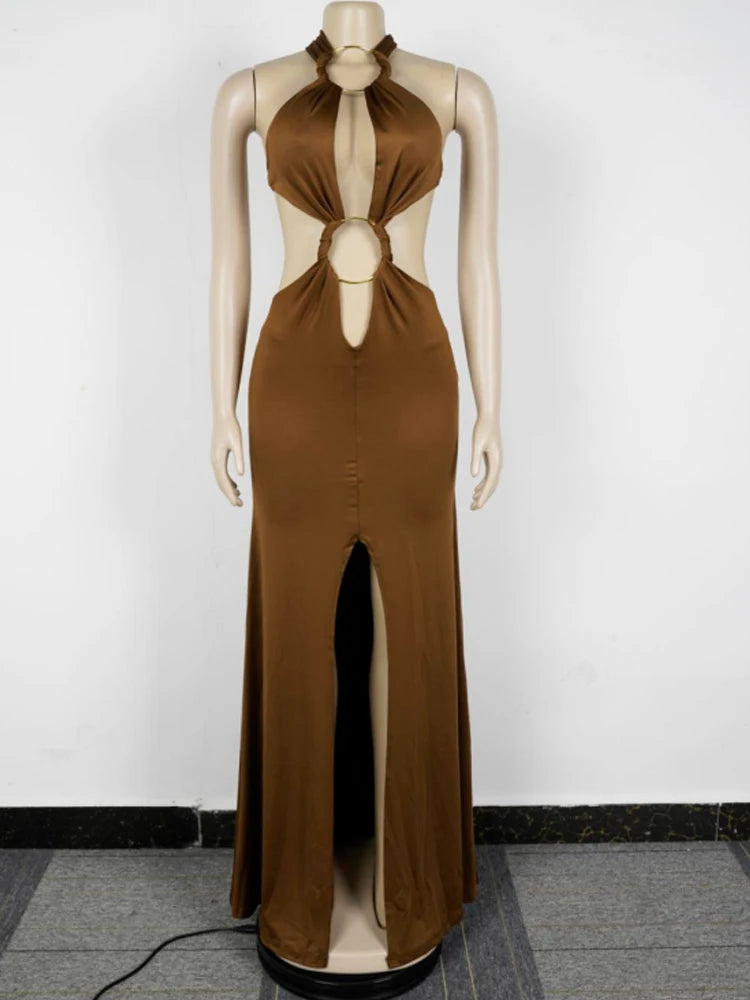 Beyprern New Chic Halter V Neck O Rings Long Maxi Dress Glam Women Sexy Backless Ruched High Slit Party Dresses Birthday Outfits