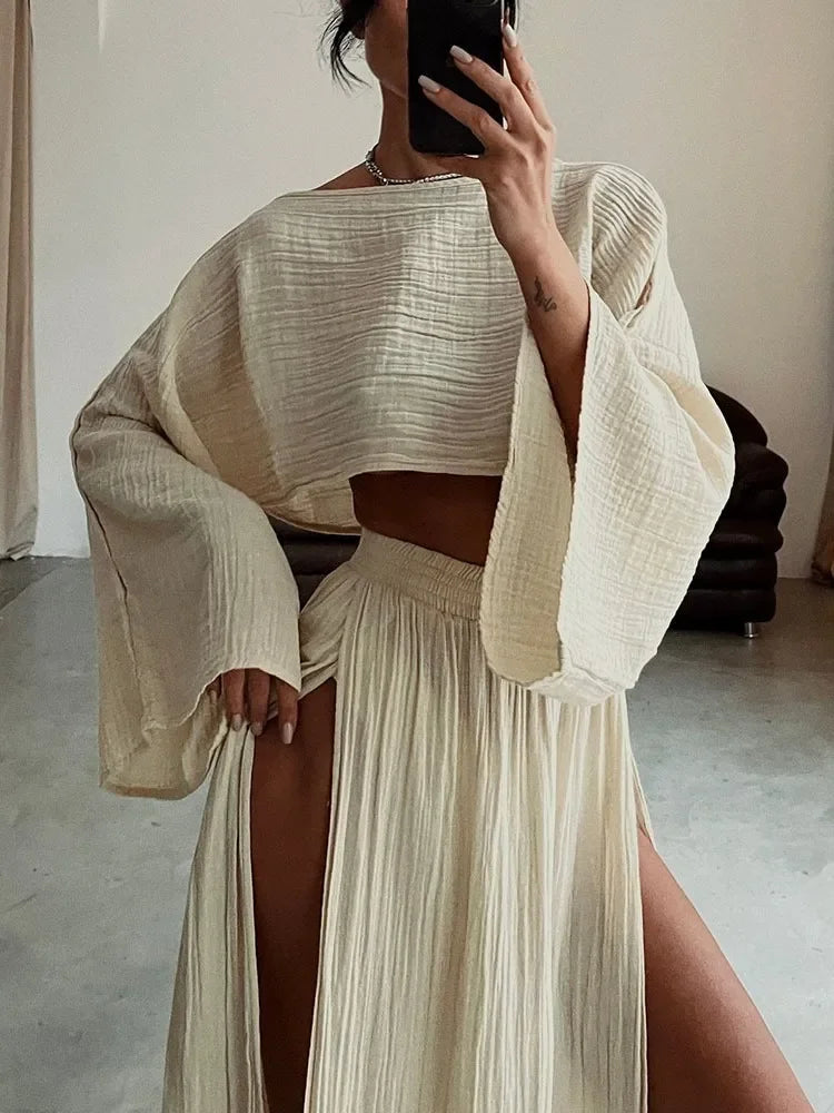2 Pcs/Set Women Crop Top Skirt Sets Long Sleeve Top High Waist Split Skirts Suit Beach Bikini Coverup Lady Elegant Party Outfit