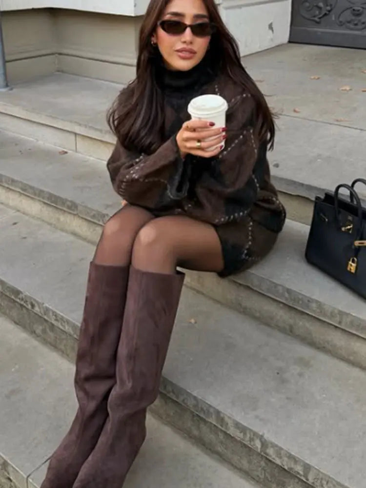 NLZGMSJ Women Knitted Sets 2025 Autumn Winter Wrist Sleeve Slim Plaid Sweater Cardigan Jacket Crop Top Mini Skirt Suits