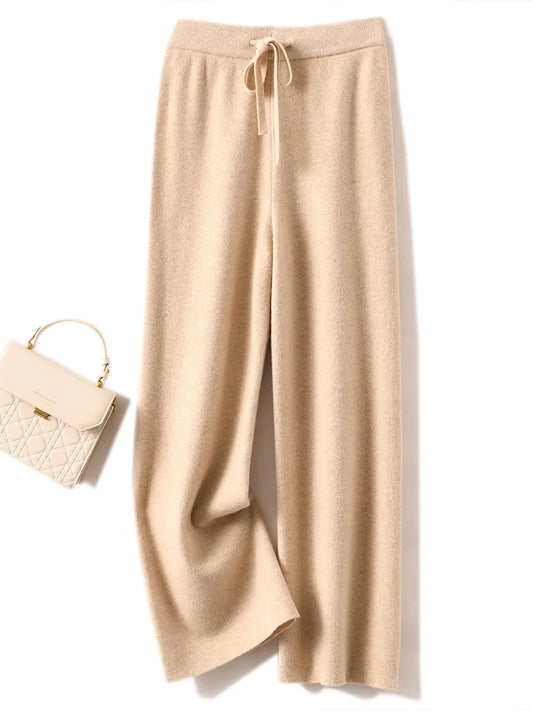Autumn Winter Women's Pants Basic Soft Casual Sashes Trousers 100% Merino Wool Knitwear Korean Popular Pants
