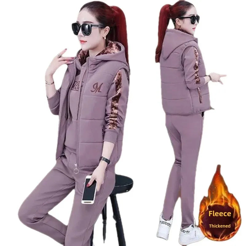 Women's Autumn Winter 2023 New Plus Size Casual Three-Piece Set Fleece-Lined Thickened Sportswear Sweatshirt