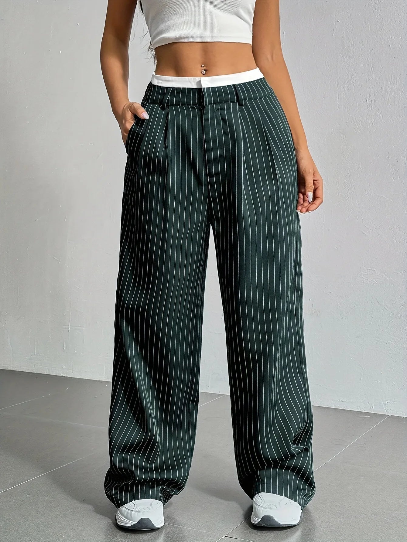 Women's Straight Leg Pinstripe Trousers High Waist Office Business Pants Casual Striped Dressy With Pockets