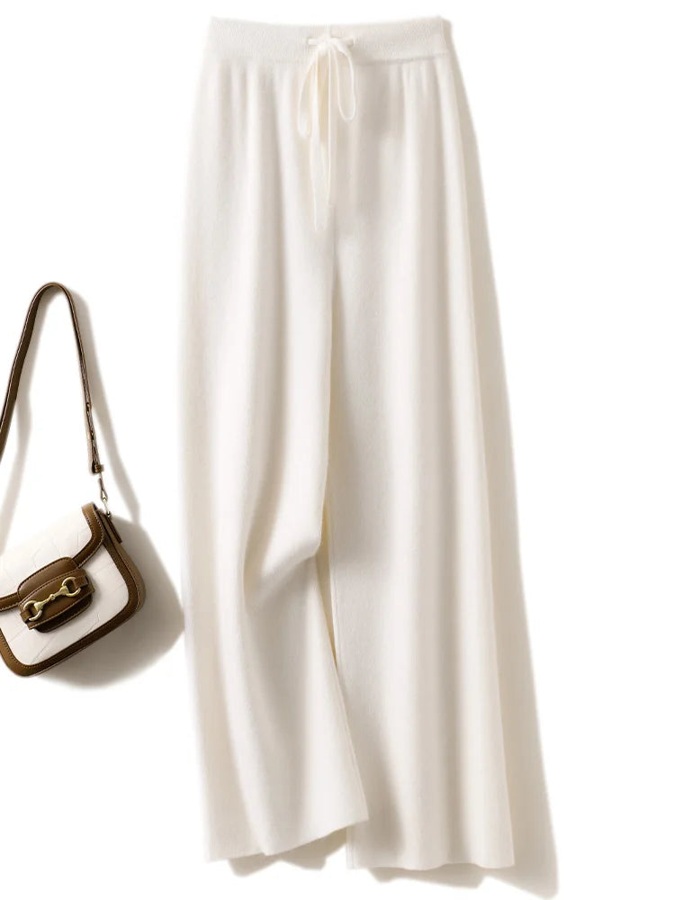 Autumn Winter Women's Pants Basic Soft Casual Sashes Trousers 100% Merino Wool Knitwear Korean Popular Pants