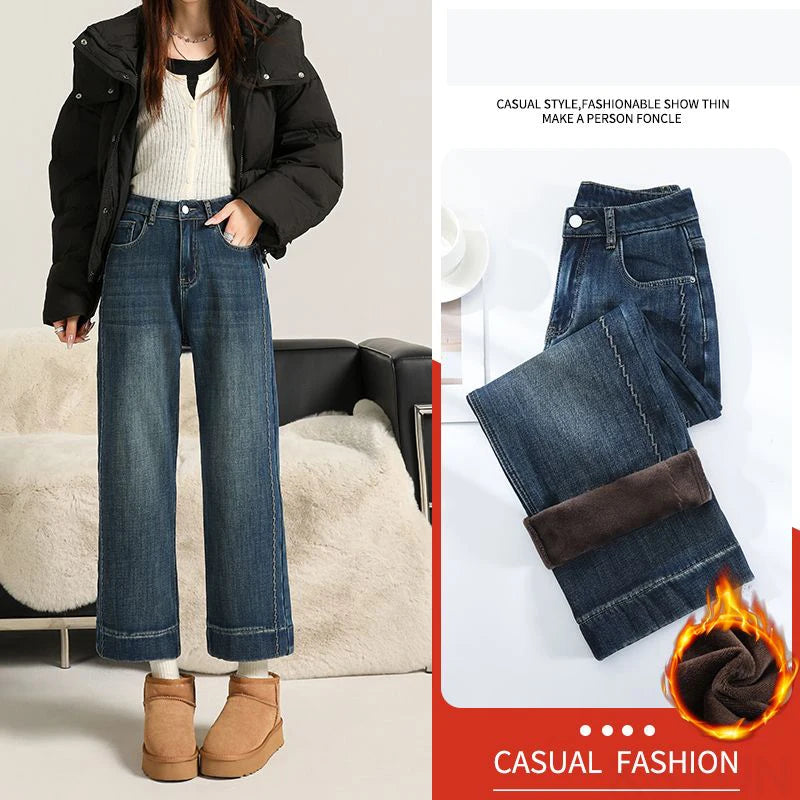 KSTUN Winter Women's Fleece Jeans Embroidered Ankle-length Pants Stretch Straight Cut Thick Trousers Lady Wide Leg Warm Vintage