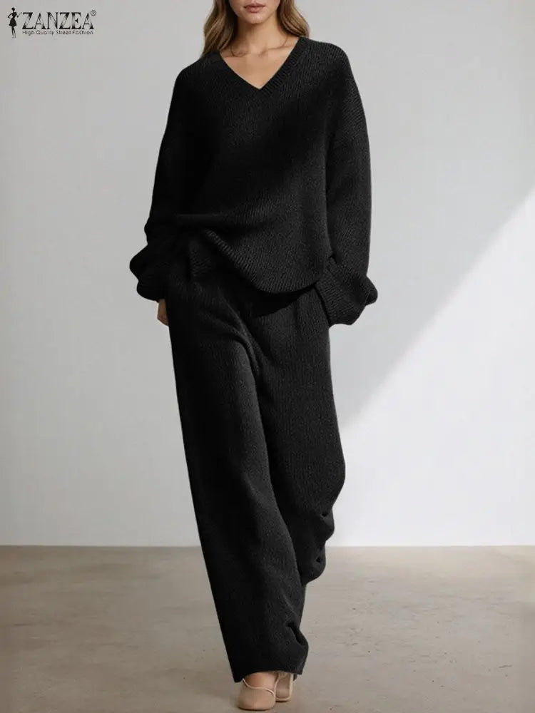 ZANZEA Elegant Pant Sets Women Long Sleeve V-Neck Pullovers Long Pants Knitted 2pcs 2025 Fashion Casual Autumn Streetwear Outfit