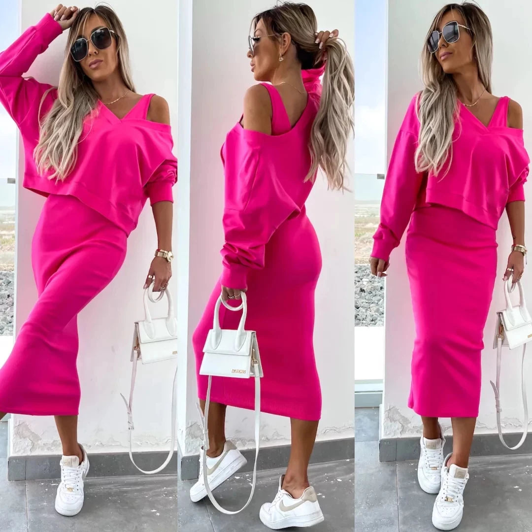 Women's casual suit Solid color long-sleeved pullover loose hoodie with slim-fit dress Daily four seasons wear two-piece set