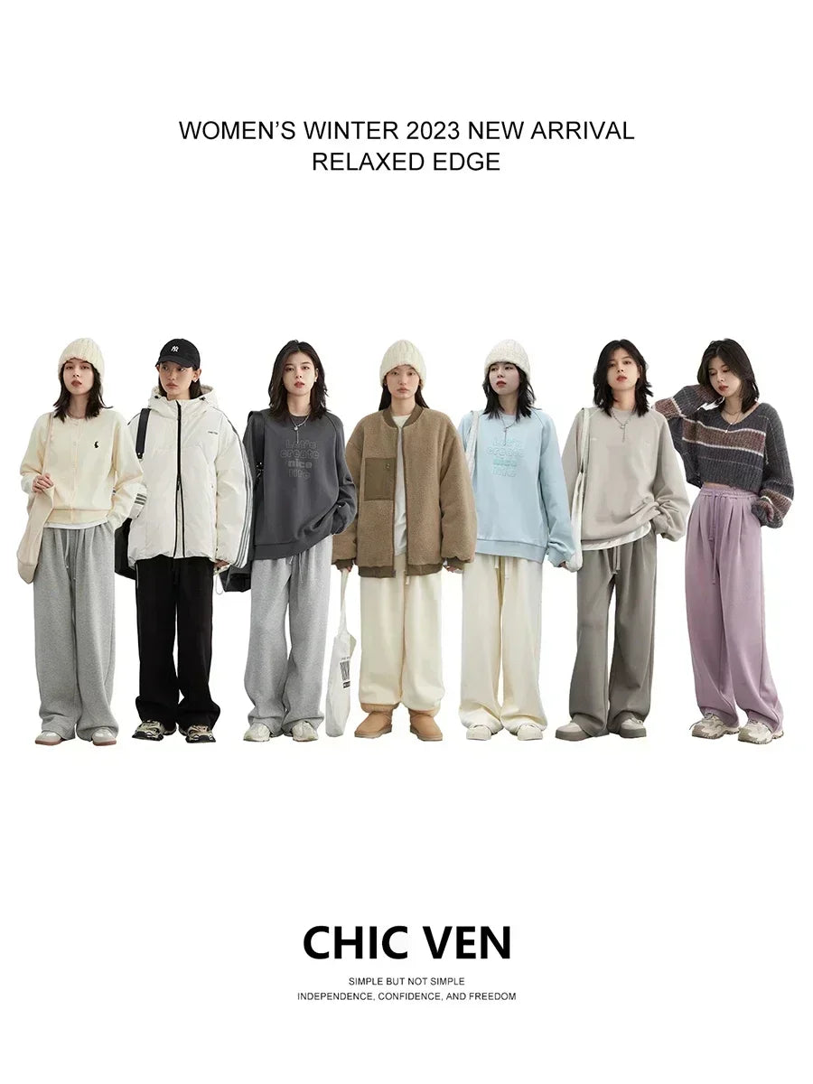 CHIC VEN Women's Pant Streetwear Solid Loose New Drawstring Sports Casual Trousers High Waisted Pants Autumn Winter 2025