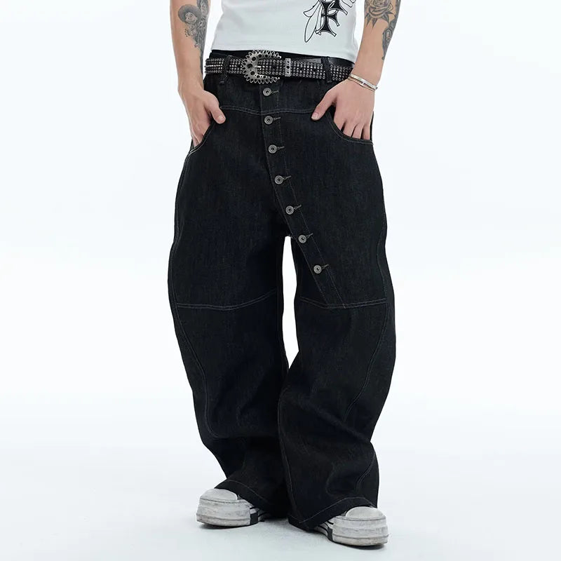 Korean High Street Buckle Curved Jeans Autumn Men'S Loose Straight Leg Pants Black Wide Leg Pants Casual Pants Hip-Hop Pants