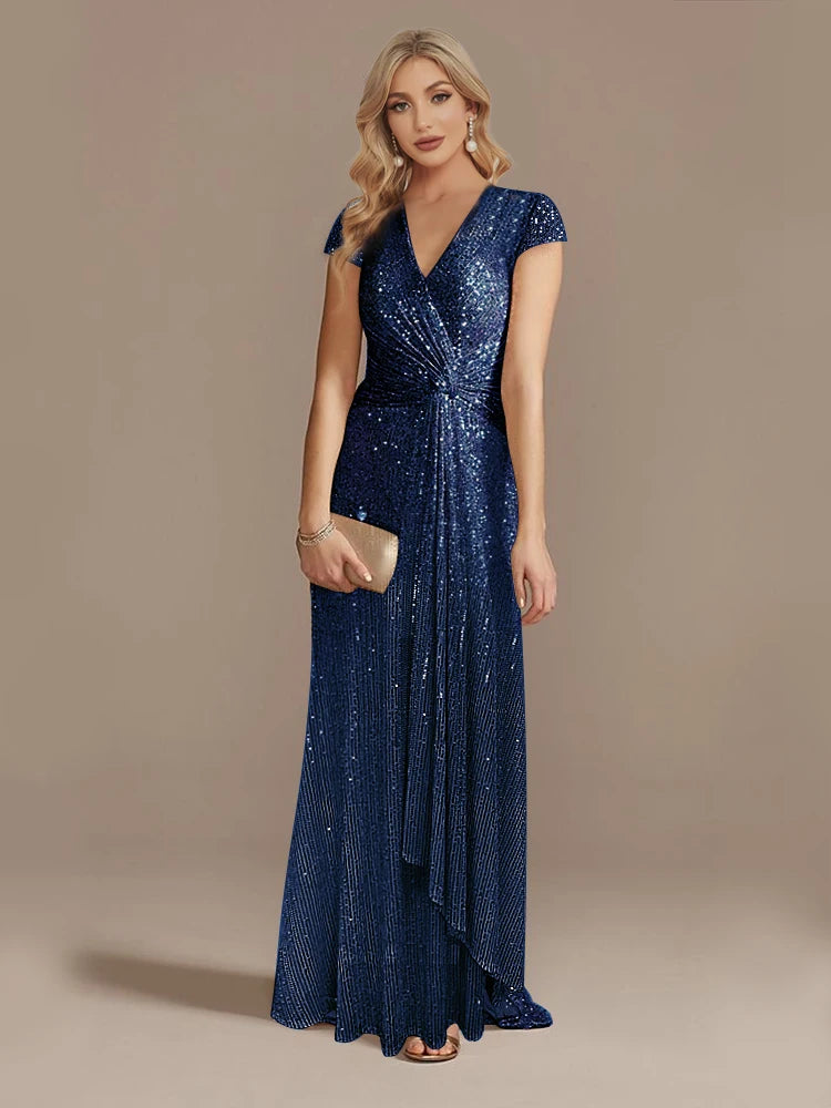 Lucyinlove New Luxury Blue V-Neck Sequin Evening Dresses Elegant 2025 Women Party Maxi Dress Gowns Long Cocktail Dress Prom