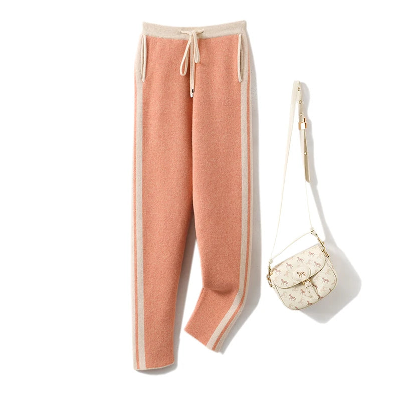 Autumn Winter Woman's Pants Fashion Pencil Pants 100% Merino Wool Knit Long Trouser Elastic Mid-Waist Patchwrok Full Length Pant