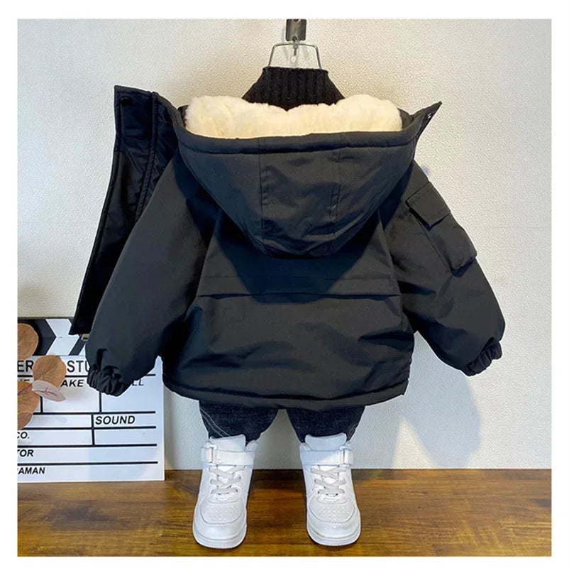 2025 Winter Boys Jacket Children Clothing Keep Warm Cotton Thicken Coats Kids Zipper Hooded Outerwear Plus Velvet Jackets